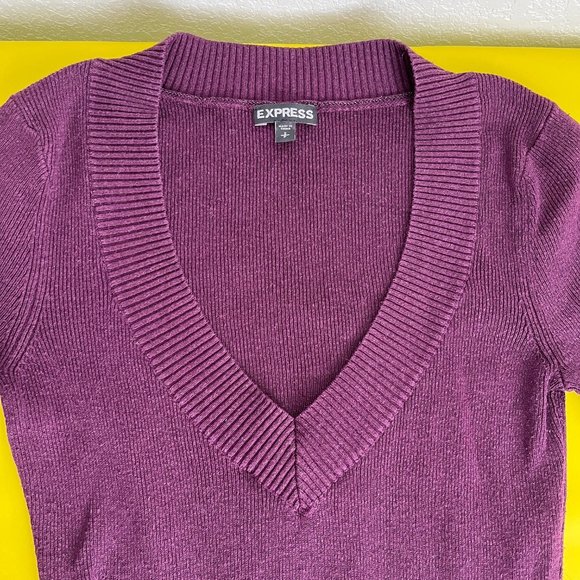 Express V-neck Knit Sweater, Eggplant Purple, Size S - Picture 2 of 8